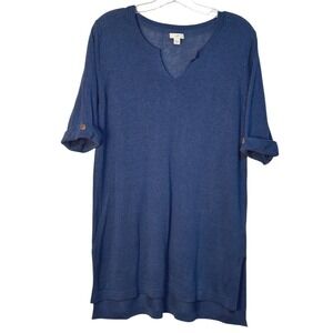 J Jill Knit Tunic Top Button Sleeve Detail Casual Blue V Neck‎ Layering M